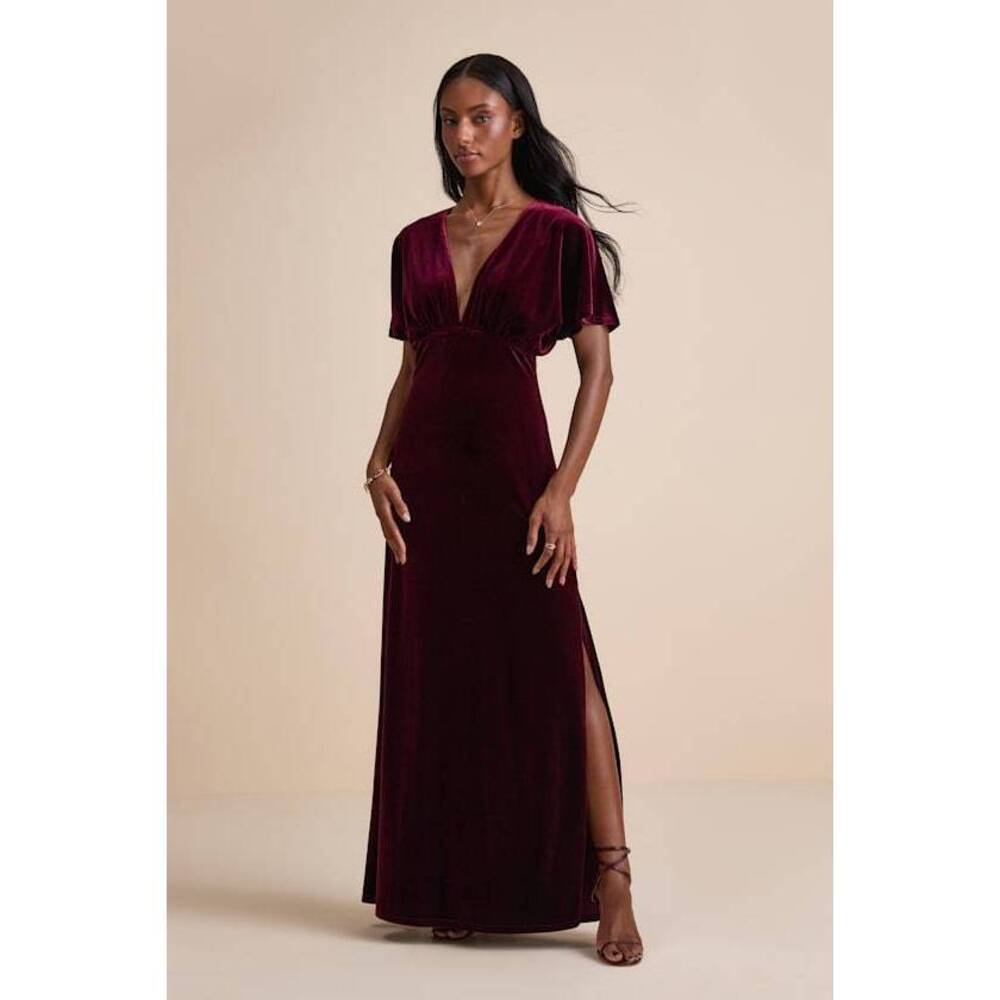 Lulus Mystical Charm Burgundy Velvet Flutter Sleeve Maxi Dress Red - Size L